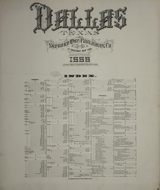 Sanborn Fire Insurance Map from Dallas, Dallas County, Texas (1888), Sheet #0001 - Historic Sanborn Fire Insurance Map Print, vintage old map wall art, antique decor, genealogy gift, Texas Texas map