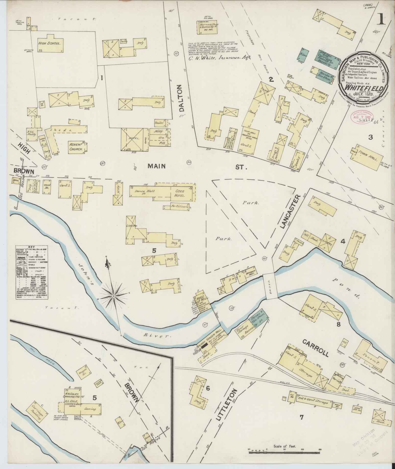 Sanborn Fire Insurance Map from Whitefield, Coos County, New Hampshire (1889), Sheet #0001 - Complete Map Set gallery image, historic Sanborn map, vintage wall art, New Hampshire New Hampshire