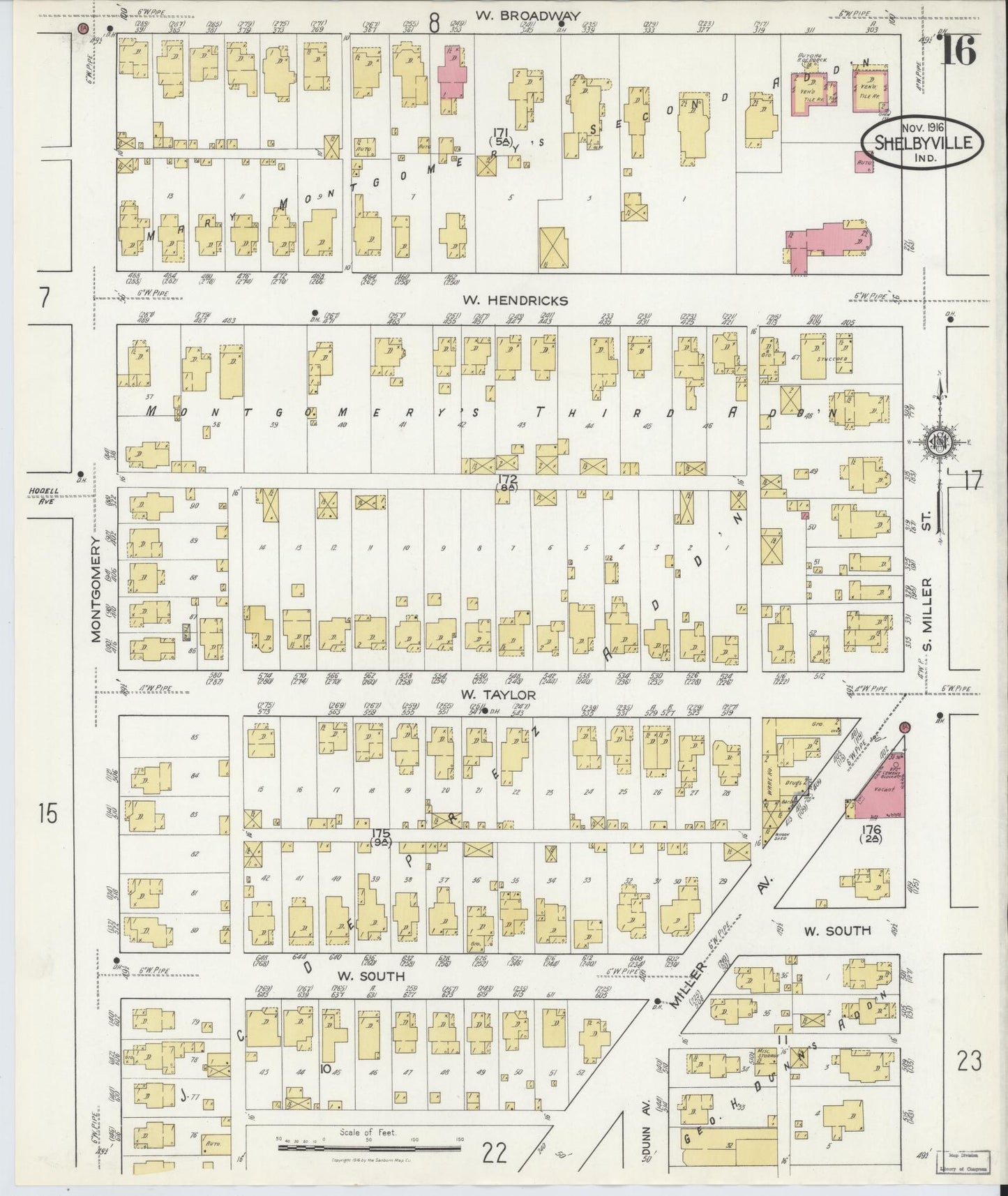 Sanborn Fire Insurance Map from Shelbyville, Shelby County, Indiana (1916), Sheet #0016 - Historic Sanborn Fire Insurance Map Print, vintage old map wall art, antique decor, genealogy gift, Indiana Indiana map