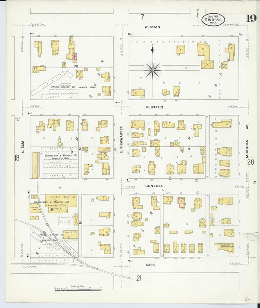 Sanborn Fire Insurance Map from Owosso, Shiawassee County, Michigan (1908), Sheet #0019 - Historic Sanborn Fire Insurance Map Print, vintage old map wall art, antique decor, genealogy gift, Michigan Michigan map