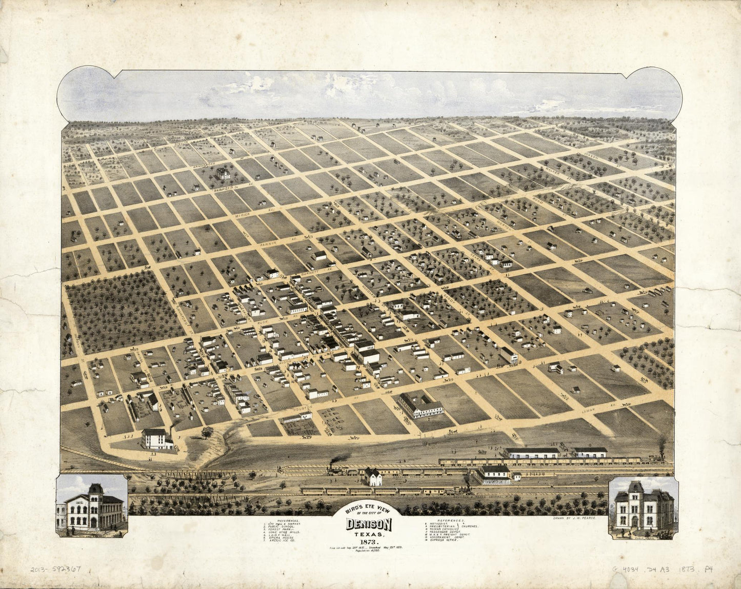 Bird's eye view of the city of Denison, Texas, 1873 (1873) – Historic Bird’s-Eye View Panorama Print