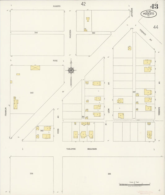 Sanborn Fire Insurance Map from Modesto, Stanislaus County, California (1919), Sheet #0043 - Historic Sanborn Fire Insurance Map Print, vintage old map wall art, antique decor, genealogy gift, California California map