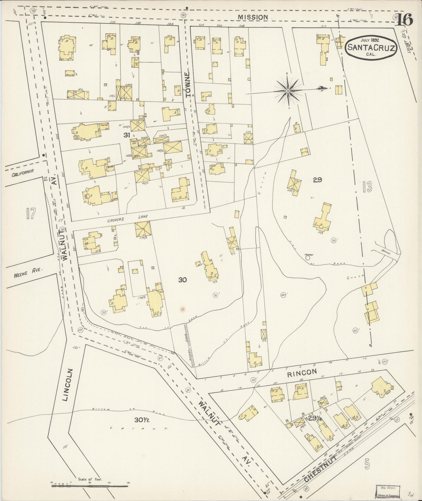 Sanborn Fire Insurance Map from Santa Cruz, Santa Cruz County, California (1892), Sheet #0016 - Complete Map Set gallery image, historic Sanborn map, vintage wall art, California California