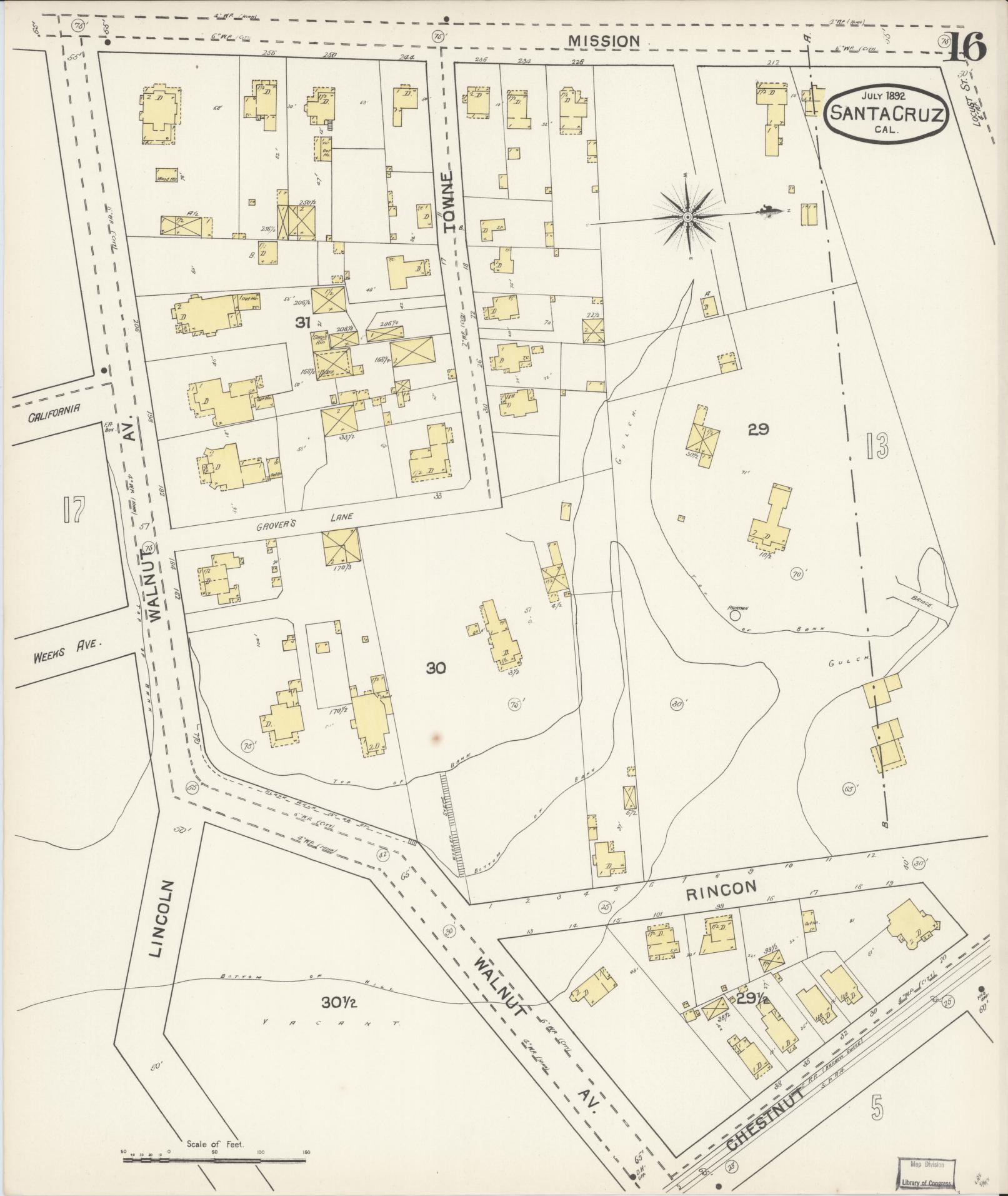 Sanborn Fire Insurance Map from Santa Cruz, Santa Cruz County, California (1892), Sheet #0016 - Complete Map Set gallery image, historic Sanborn map, vintage wall art, California California