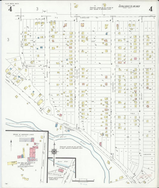 Sanborn Fire Insurance Map from Flat Rock, Wayne County, Michigan (1941), Sheet #0004 - Historic Sanborn Fire Insurance Map Print, vintage old map wall art, antique decor, genealogy gift, Michigan Michigan map