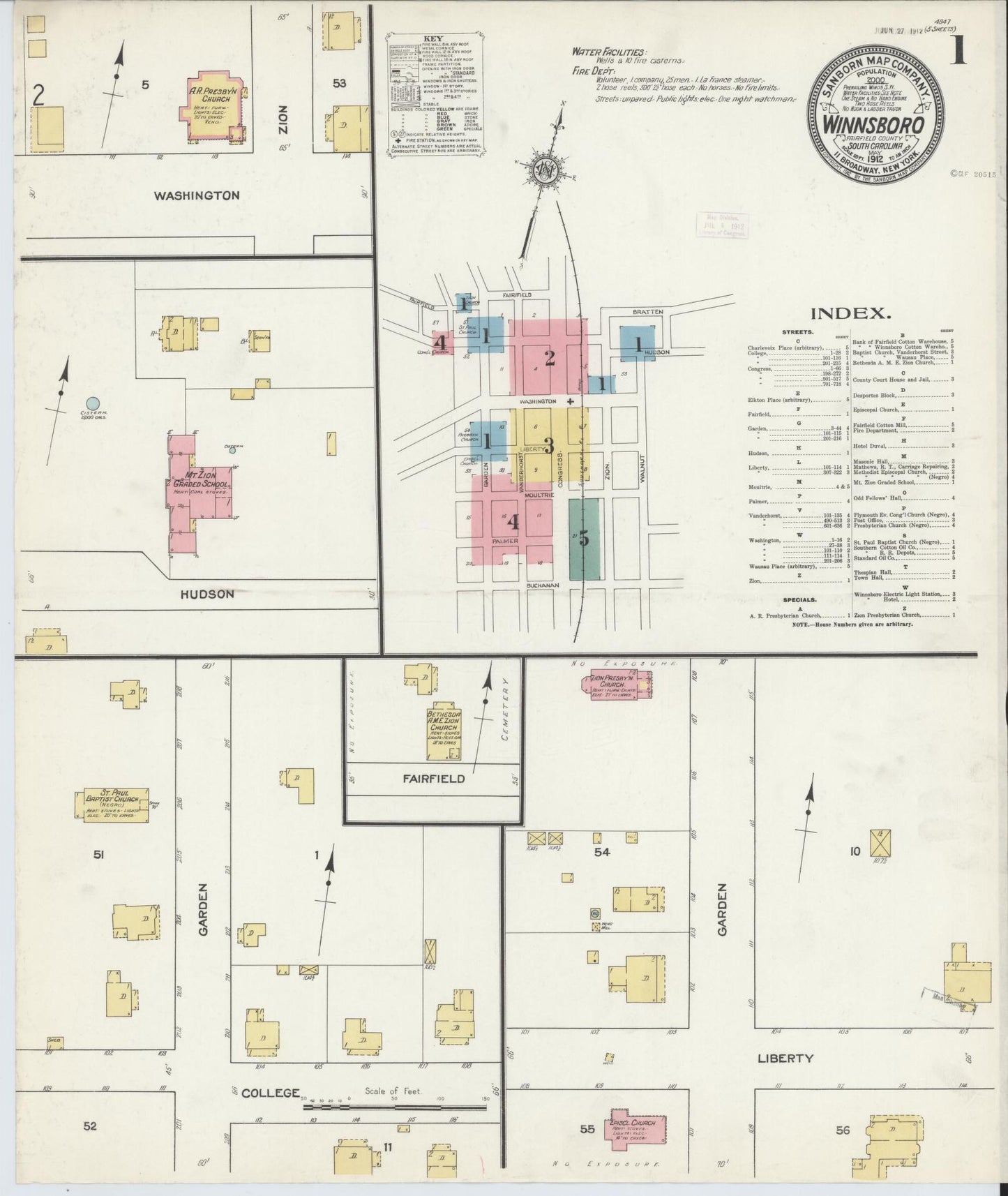 Sanborn Fire Insurance Map from Winnsboro, Fairfield County, South Carolina (1912), Sheet #0001 - Complete Map Set gallery image, historic Sanborn map, vintage wall art, South Carolina South Carolina