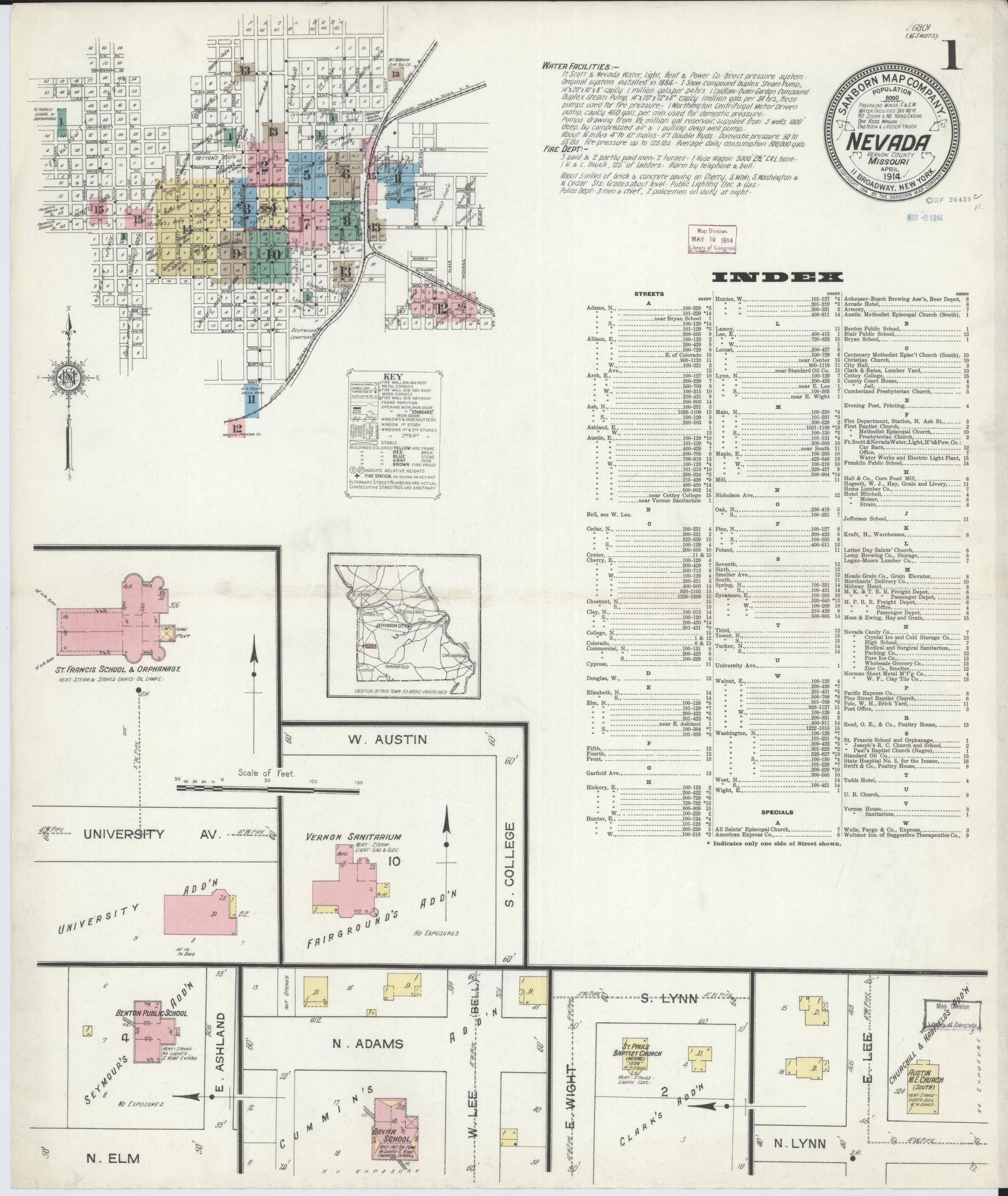 Sanborn Fire Insurance Map from Nevada, Vernon County, Missouri (1914), Sheet #0001 - Historic Sanborn Fire Insurance Map Print, vintage old map wall art, antique decor, genealogy gift, Missouri Missouri map