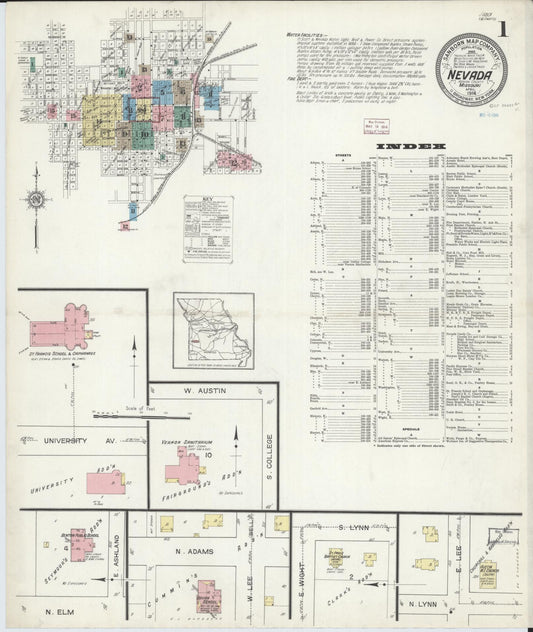 Sanborn Fire Insurance Map from Nevada, Vernon County, Missouri (1914), Sheet #0001 - Historic Sanborn Fire Insurance Map Print, vintage old map wall art, antique decor, genealogy gift, Missouri Missouri map
