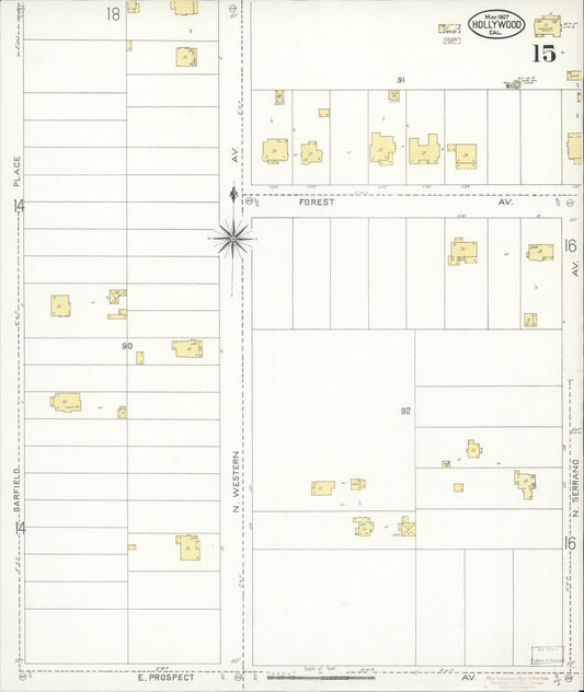 Sanborn Fire Insurance Map from Hollywood, Los Angeles County, California (1907), Sheet #0015 - Historic Sanborn Fire Insurance Map Print, vintage old map wall art, antique decor, genealogy gift, California California map
