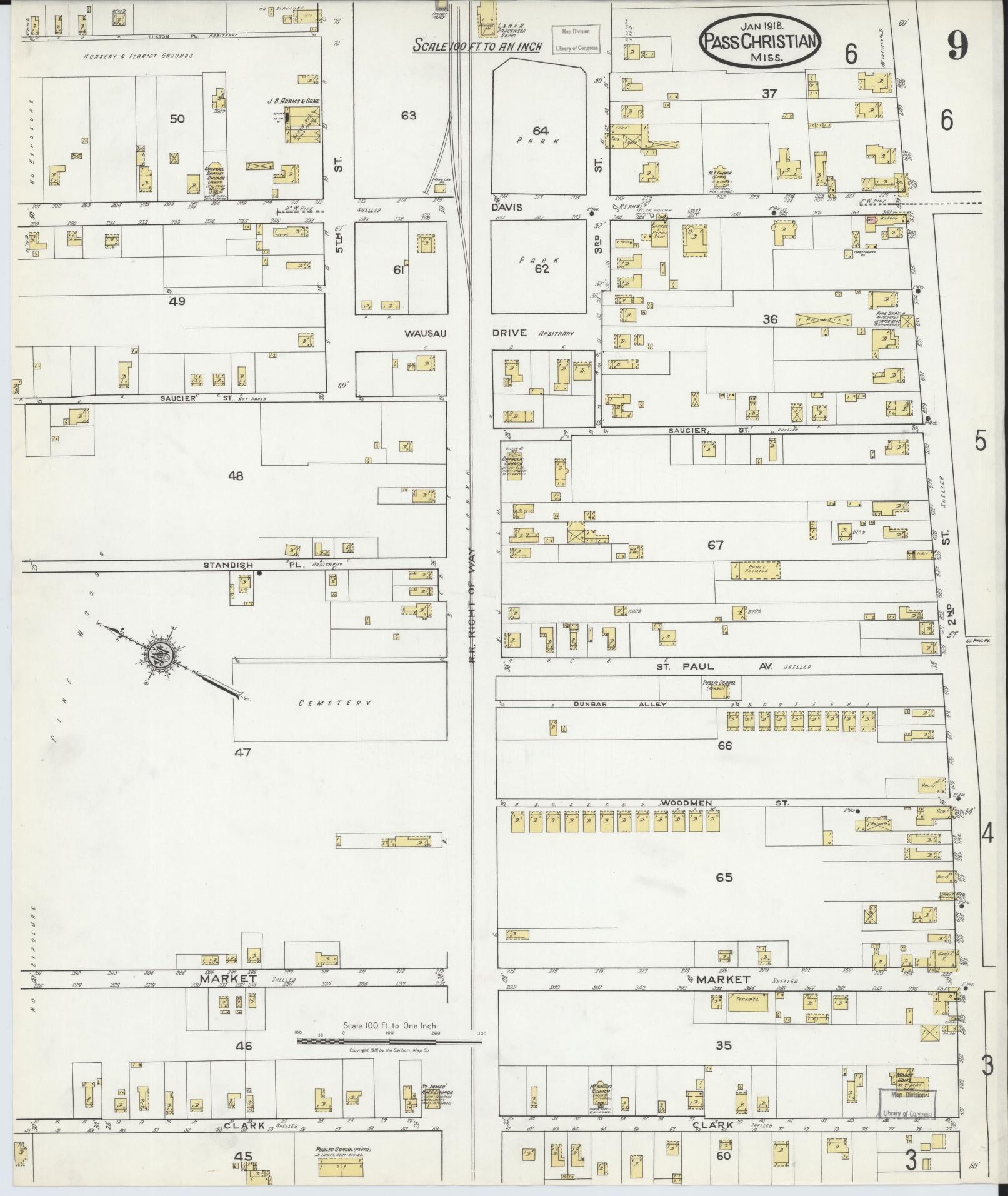 Sanborn Fire Insurance Map from Pass Christian, Harrison County, Mississippi (1918), Sheet #0009 - Complete Map Set gallery image, historic Sanborn map, vintage wall art, Mississippi Mississippi
