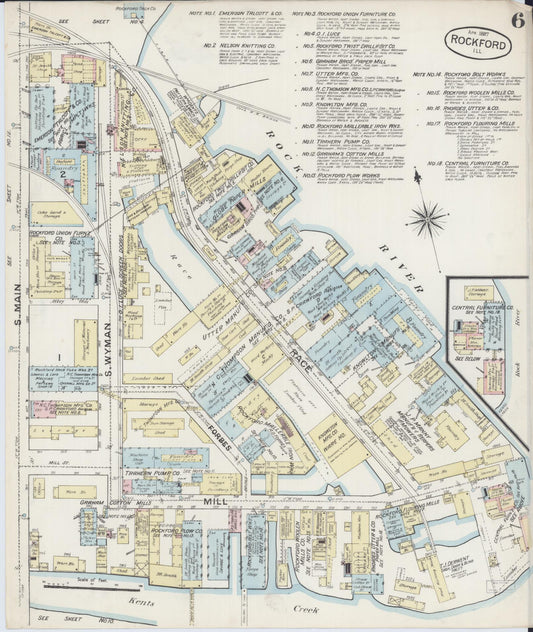 Sanborn Fire Insurance Map from Rockford, Winnebago County, Illinois (1887), Sheet #0006 - Historic Sanborn Fire Insurance Map Print, vintage old map wall art, antique decor, genealogy gift, Illinois Illinois map