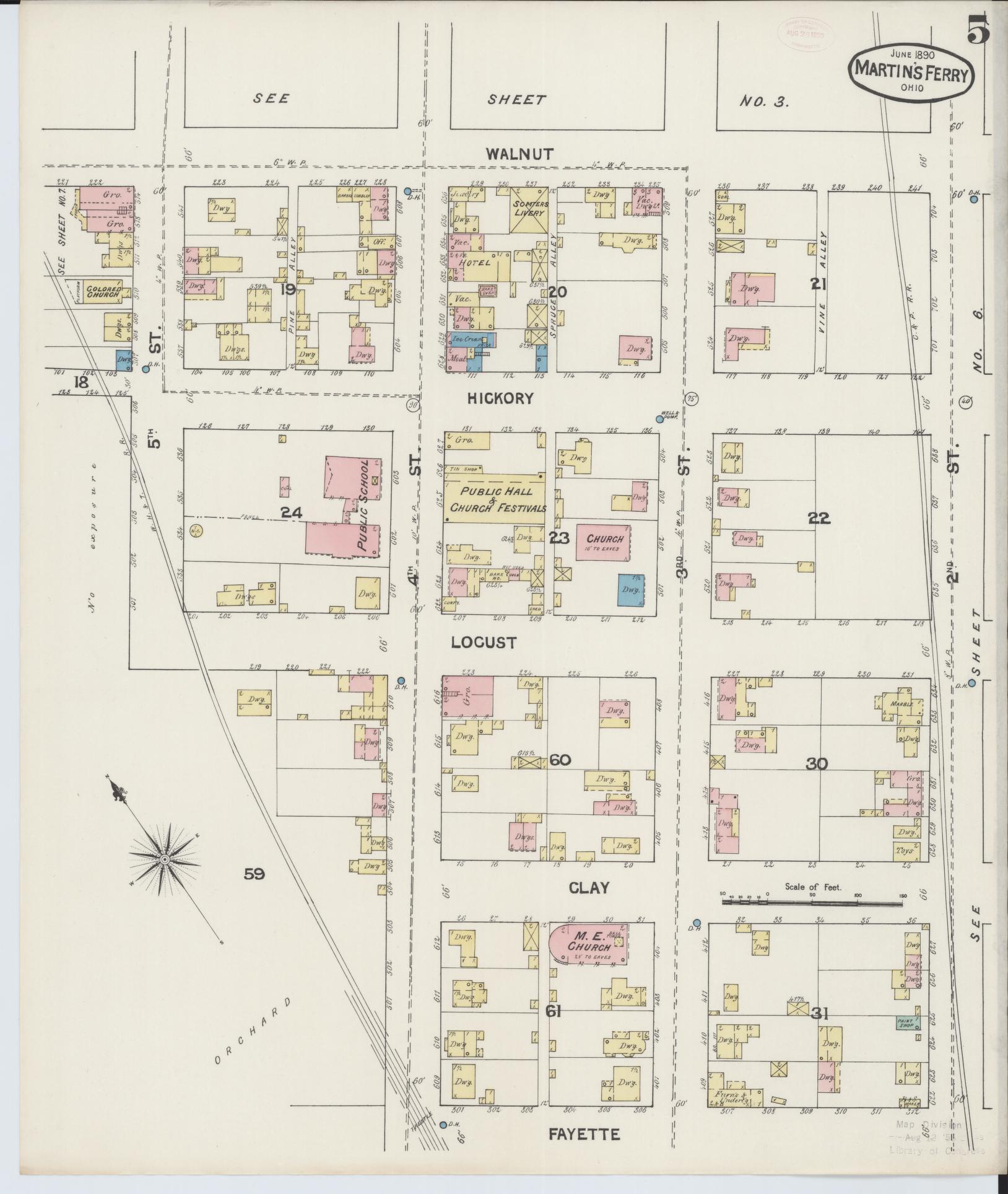 Sanborn Fire Insurance Map from Martins Ferry, Belmont County, Ohio (1890), Sheet #0005 - Historic Sanborn Fire Insurance Map Print, vintage old map wall art, antique decor, genealogy gift, Ohio Ohio map
