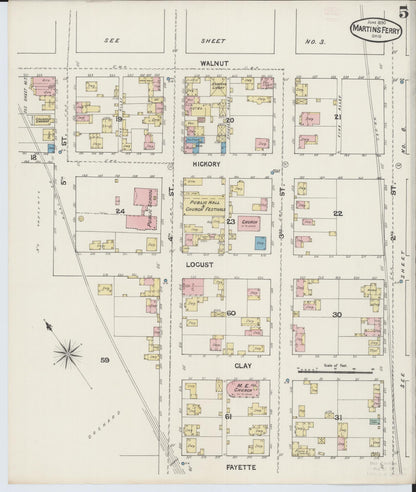 Sanborn Fire Insurance Map from Martins Ferry, Belmont County, Ohio (1890), Sheet #0005 - Historic Sanborn Fire Insurance Map Print, vintage old map wall art, antique decor, genealogy gift, Ohio Ohio map