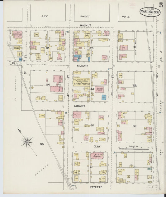 Sanborn Fire Insurance Map from Martins Ferry, Belmont County, Ohio (1890), Sheet #0005 - Historic Sanborn Fire Insurance Map Print, vintage old map wall art, antique decor, genealogy gift, Ohio Ohio map