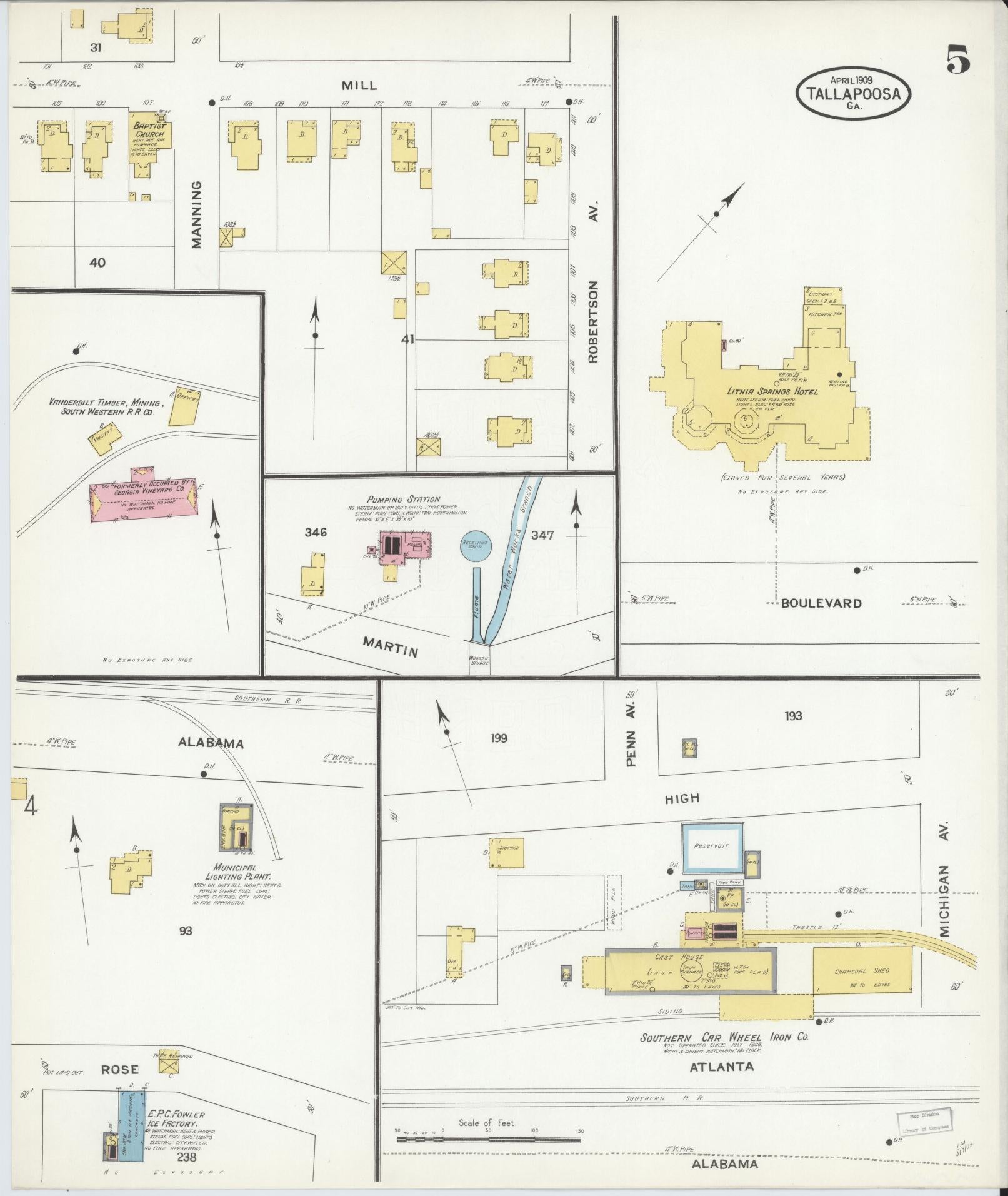 Sanborn Fire Insurance Map from Tallapoosa, Haralson County, Georgia (1909), Sheet #0005 - Historic Sanborn Fire Insurance Map Print, vintage old map wall art, antique decor, genealogy gift, Georgia Georgia map