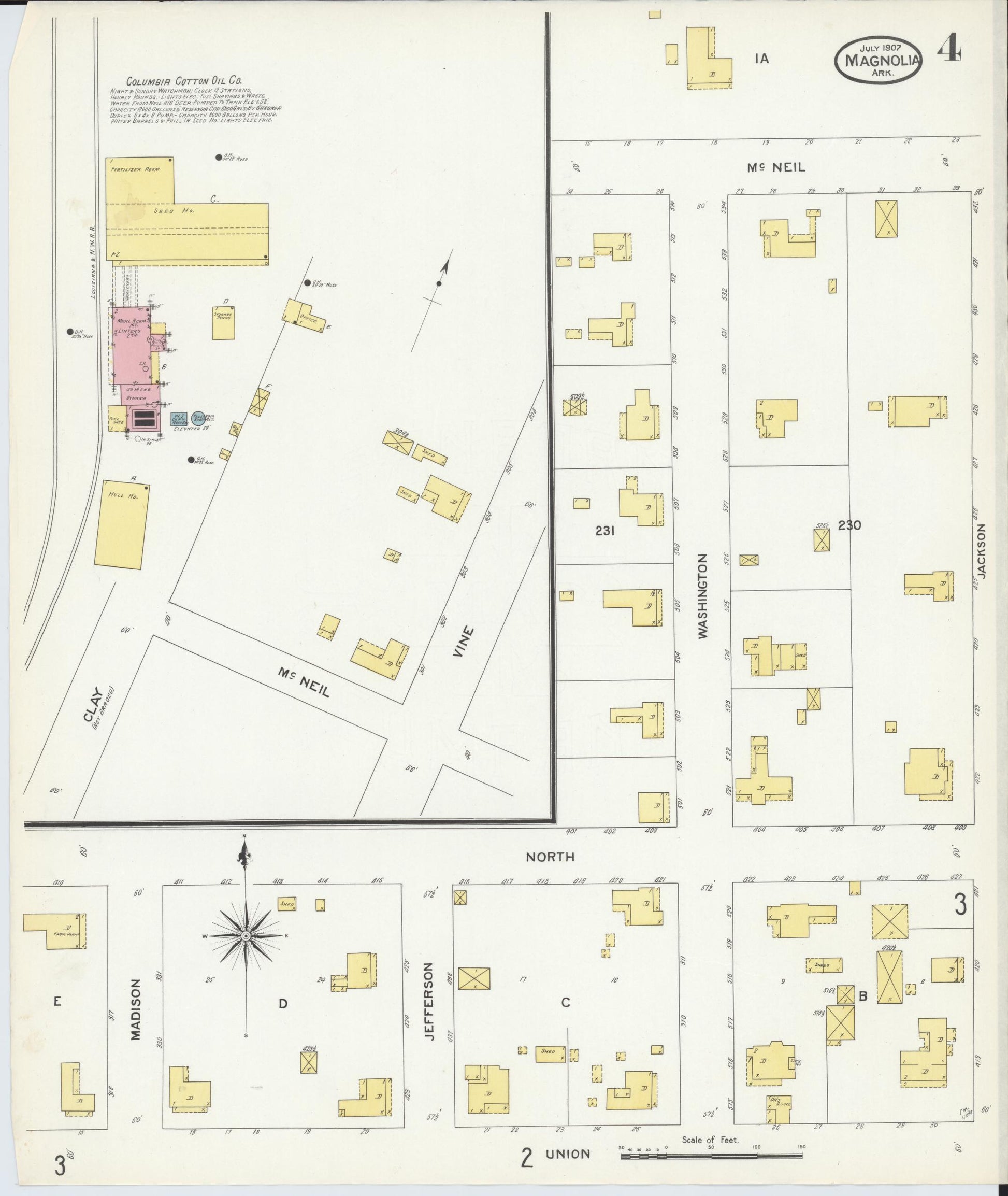 Sanborn Fire Insurance Map from Magnolia, Columbia County, Arkansas (1907), Sheet #0004 - Historic Sanborn Fire Insurance Map Print, vintage old map wall art, antique decor, genealogy gift, Arkansas Arkansas map