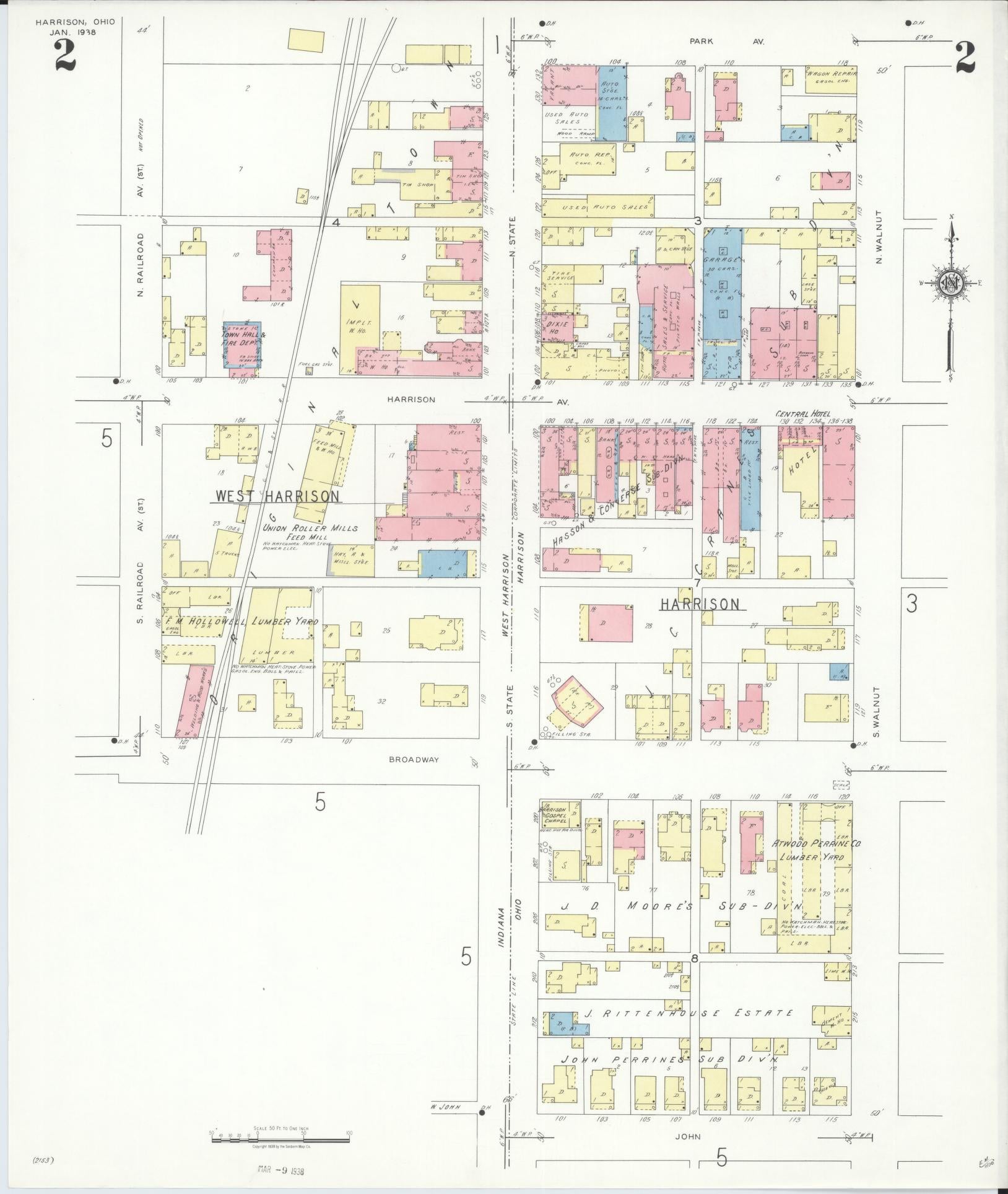 Sanborn Fire Insurance Map from Harrison, Hamilton County, Ohio (1938), Sheet #0002 - Complete Map Set gallery image, historic Sanborn map, vintage wall art, Indiana Indiana