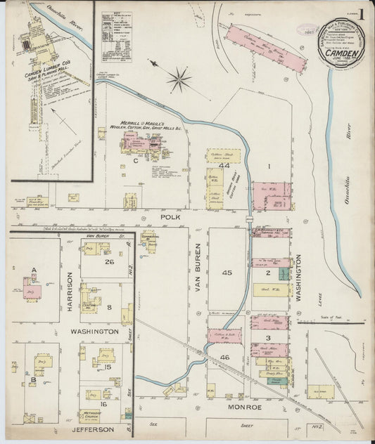 Sanborn Fire Insurance Map from Camden, Ouachita County, Arkansas (1886), Sheet #0001 - Historic Sanborn Fire Insurance Map Print, vintage old map wall art, antique decor, genealogy gift, Arkansas Arkansas map