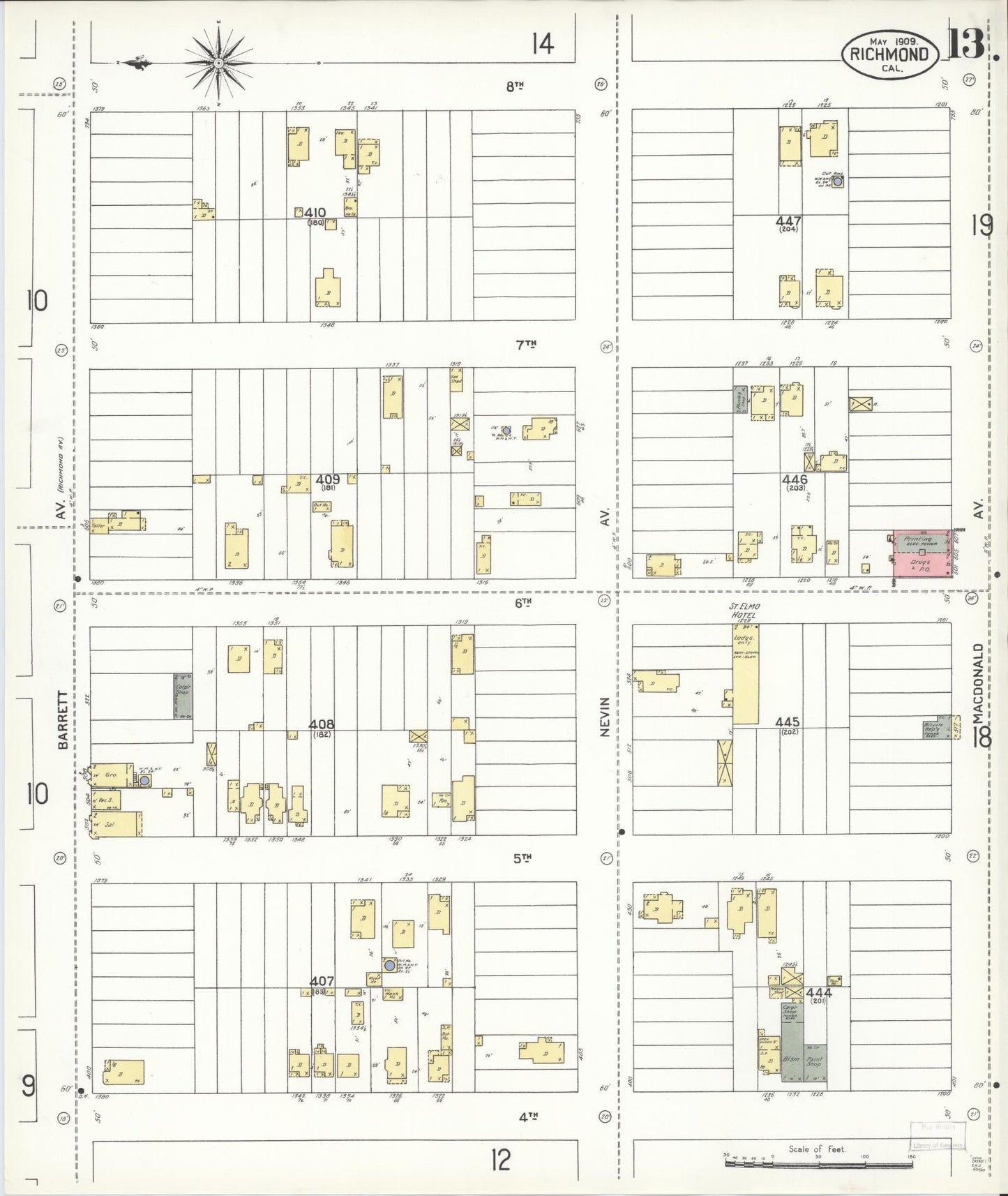 Sanborn Fire Insurance Map from Richmond, Contra Costa County, California (1909), Sheet #0013 - Complete Map Set gallery image, historic Sanborn map, vintage wall art, California California