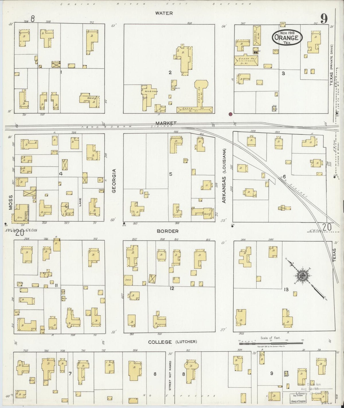 Sanborn Fire Insurance Map from Orange, Orange County, Texas (1919), Sheet #0009 - Complete Map Set gallery image, historic Sanborn map, vintage wall art, Texas Texas