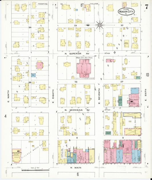 Sanborn Fire Insurance Map from Mason City, Cerro Gordo County, Iowa (1909), Sheet #0007 - Historic Sanborn Fire Insurance Map Print, vintage old map wall art