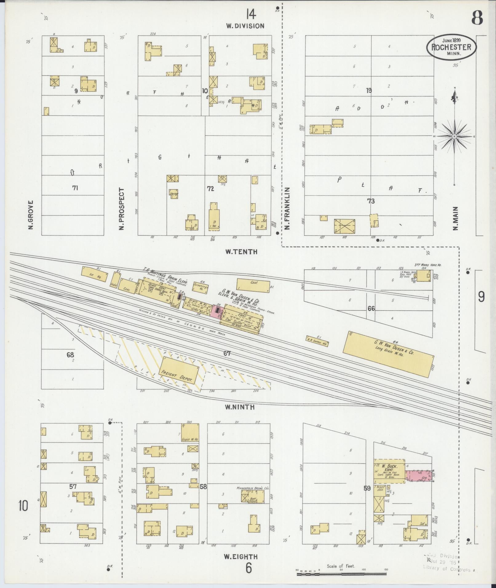 Sanborn Fire Insurance Map from Rochester, Olmsted County, Minnesota (1899), Sheet #0008 - Historic Sanborn Fire Insurance Map Print, vintage old map wall art, antique decor, genealogy gift, Minnesota Minnesota map