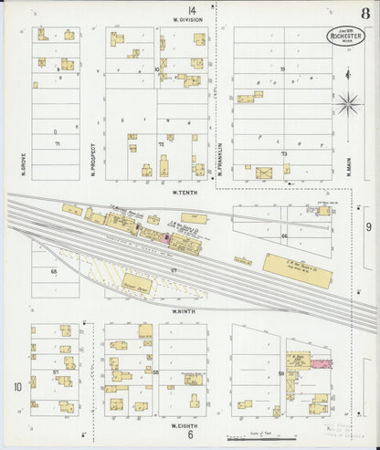 Sanborn Fire Insurance Map from Rochester, Olmsted County, Minnesota (1899), Sheet #0008 - Historic Sanborn Fire Insurance Map Print, vintage old map wall art, antique decor, genealogy gift, Minnesota Minnesota map