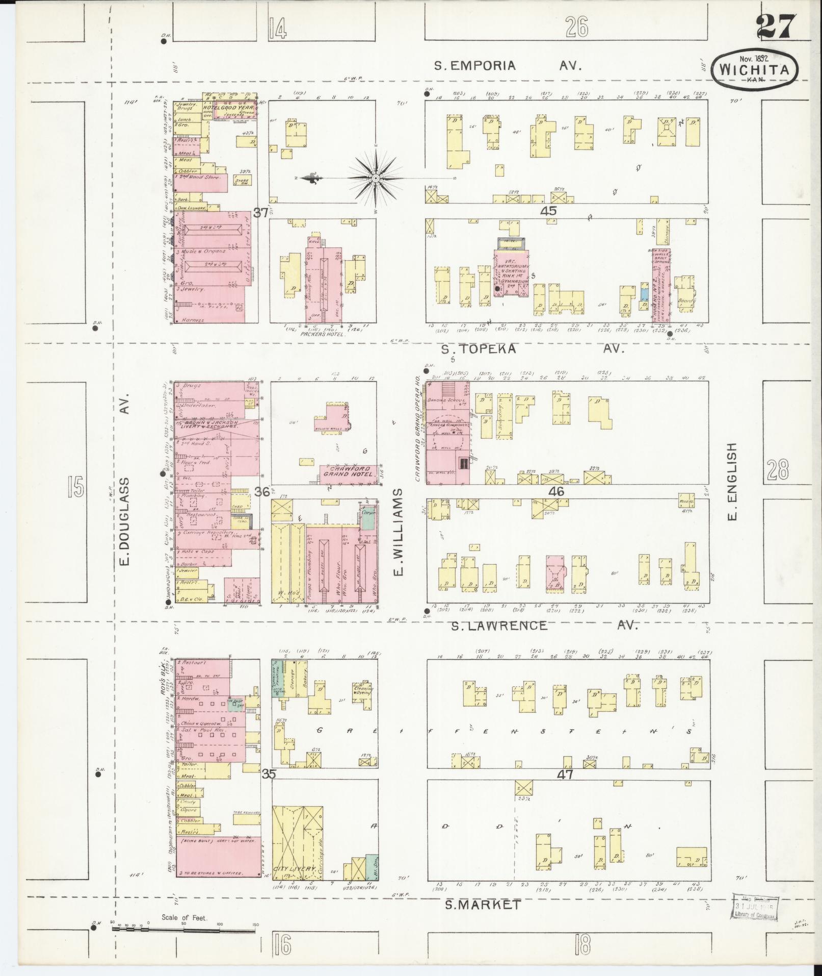 Sanborn Fire Insurance Map from Wichita, Sedgwick County, Kansas (1892), Sheet #0027 - Historic Sanborn Fire Insurance Map Print, vintage old map wall art, antique decor, genealogy gift, Kansas Kansas map