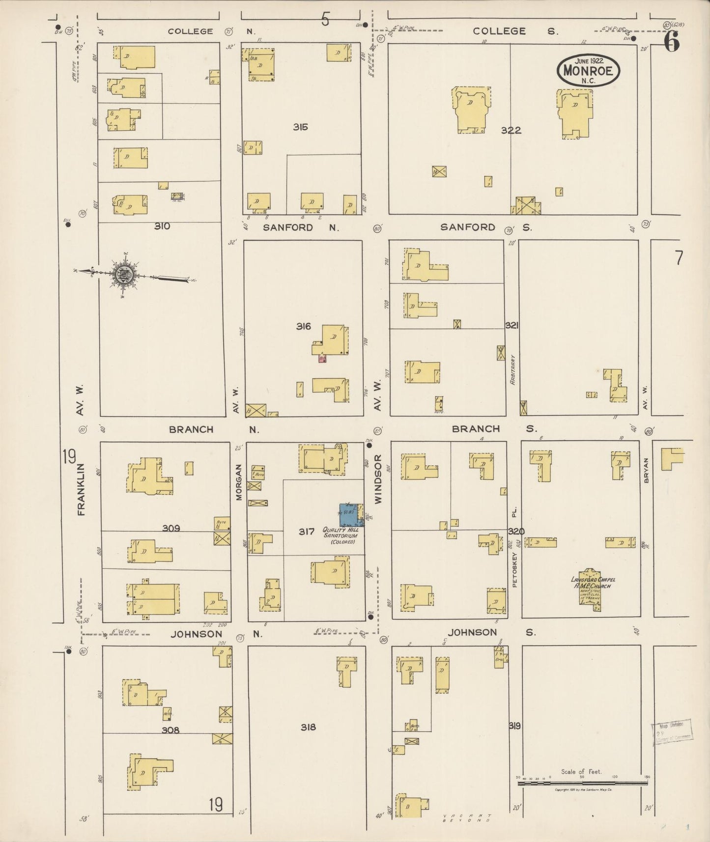 Sanborn Fire Insurance Map from Monroe, Union County, North Carolina (1922), Sheet #0006 - Complete Map Set gallery image, historic Sanborn map, vintage wall art, North Carolina North Carolina