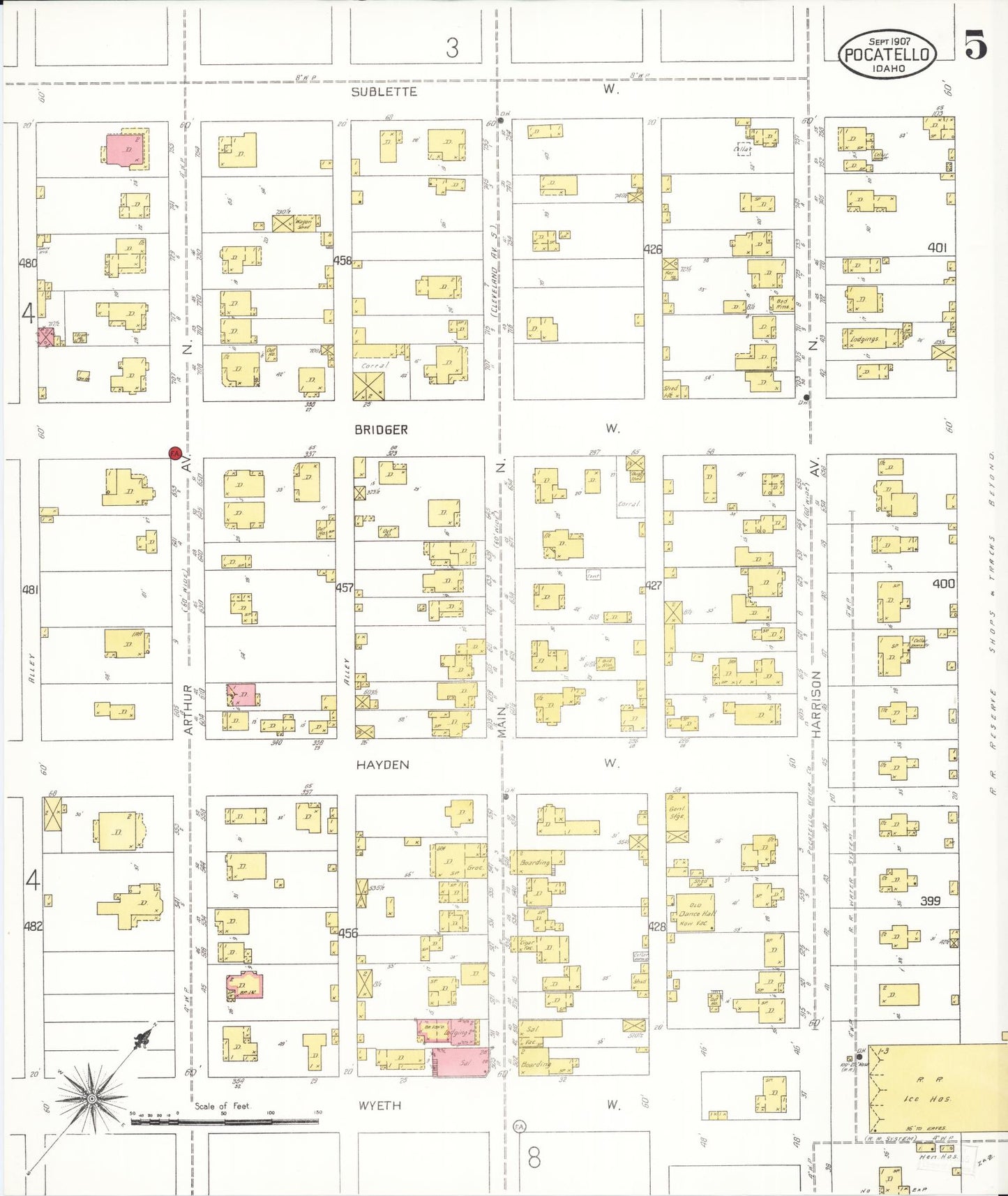 Sanborn Fire Insurance Map from Pocatello, Bannock County, Idaho (1907), Sheet #0005 - Complete Map Set gallery image, historic Sanborn map, vintage wall art, Idaho Idaho