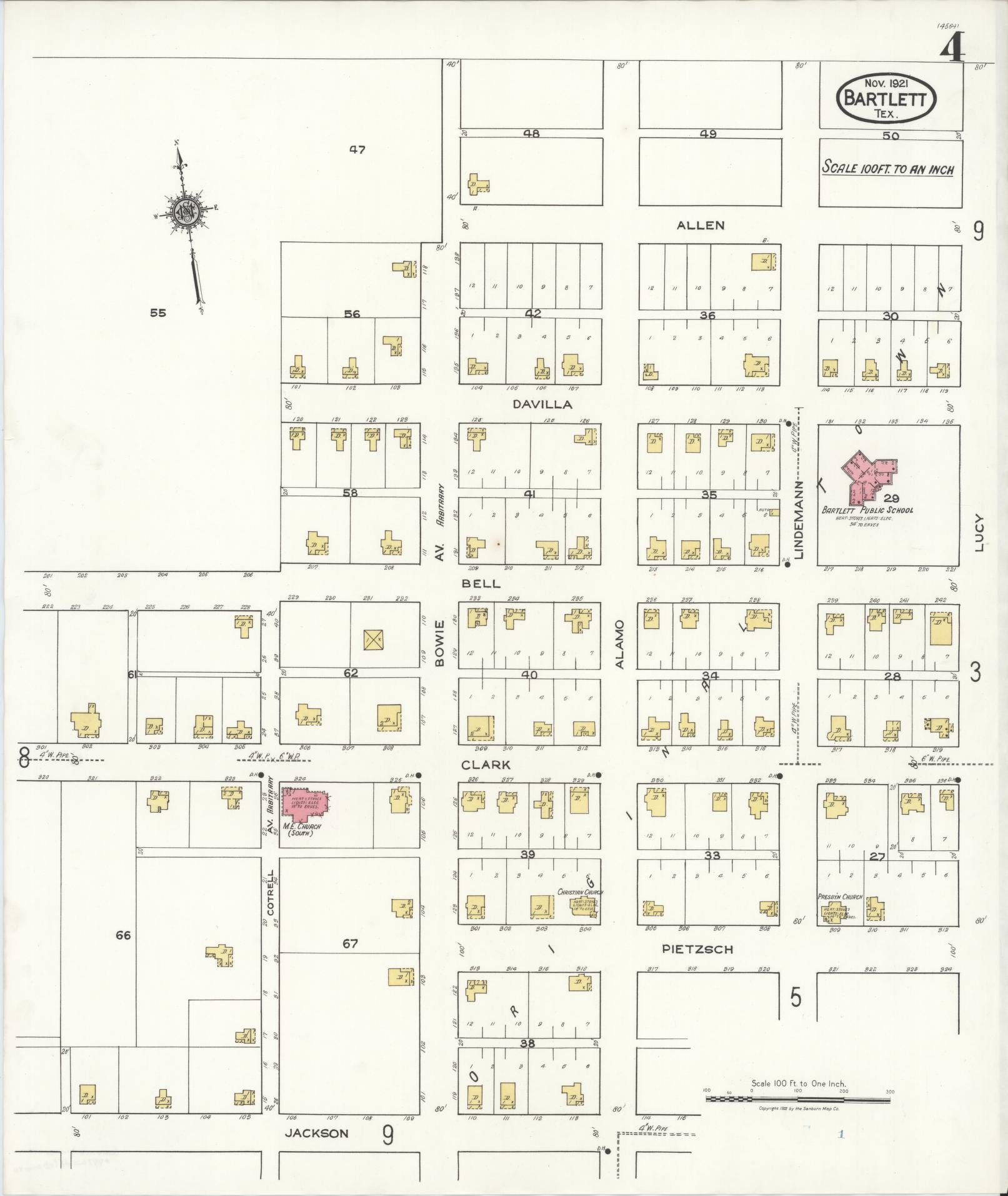Sanborn Fire Insurance Map from Bartlett, Bell and Williamson Counties, Texas (1921), Sheet #0004 - Complete Map Set gallery image, historic Sanborn map, vintage wall art, Texas Texas
