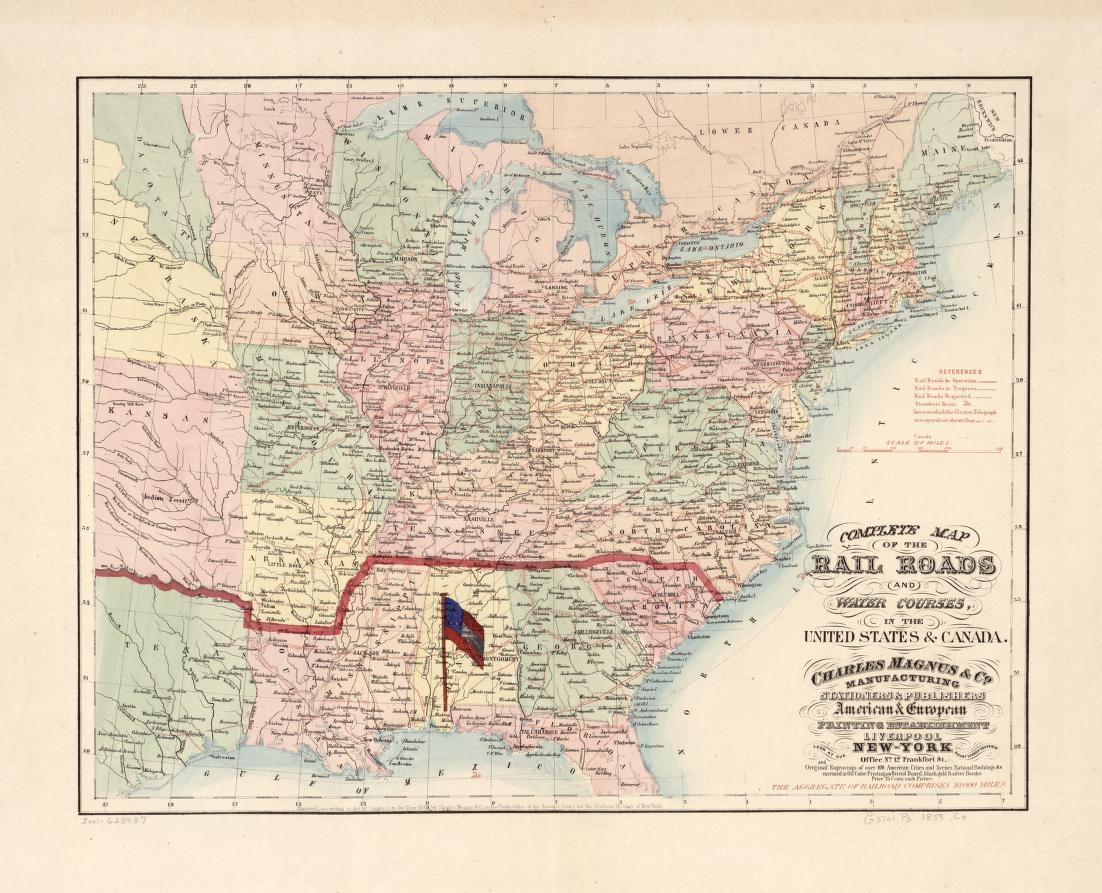 Complete map of the rail roads and water courses in the United Staes & Canada. Civil War Map (1859) - Historic Battlefield Map Reprint