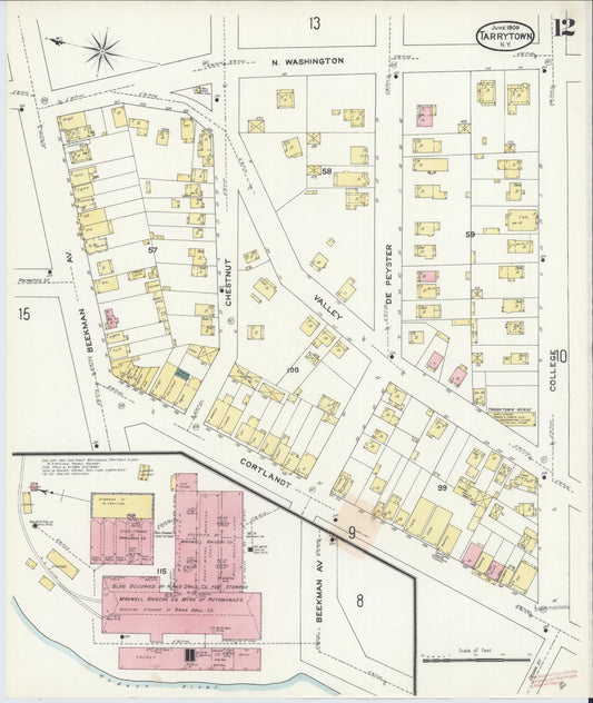 Sanborn Fire Insurance Map from Tarrytown, Westchester County, New York (1909), Sheet #0012 - Historic Sanborn Fire Insurance Map Print, vintage old map wall art, antique decor, genealogy gift, New York New York map
