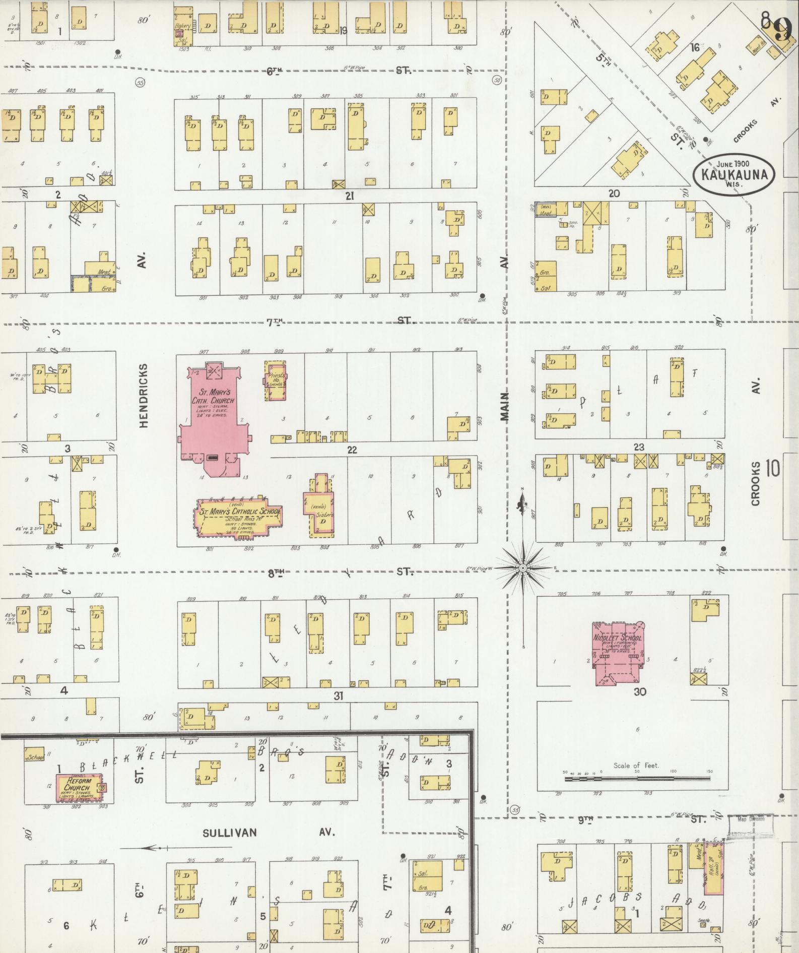 Sanborn Fire Insurance Map from Kaukauna, Outagamie County, Wisconsin (1900), Sheet #0009 - Complete Map Set gallery image, historic Sanborn map, vintage wall art, Wisconsin Wisconsin