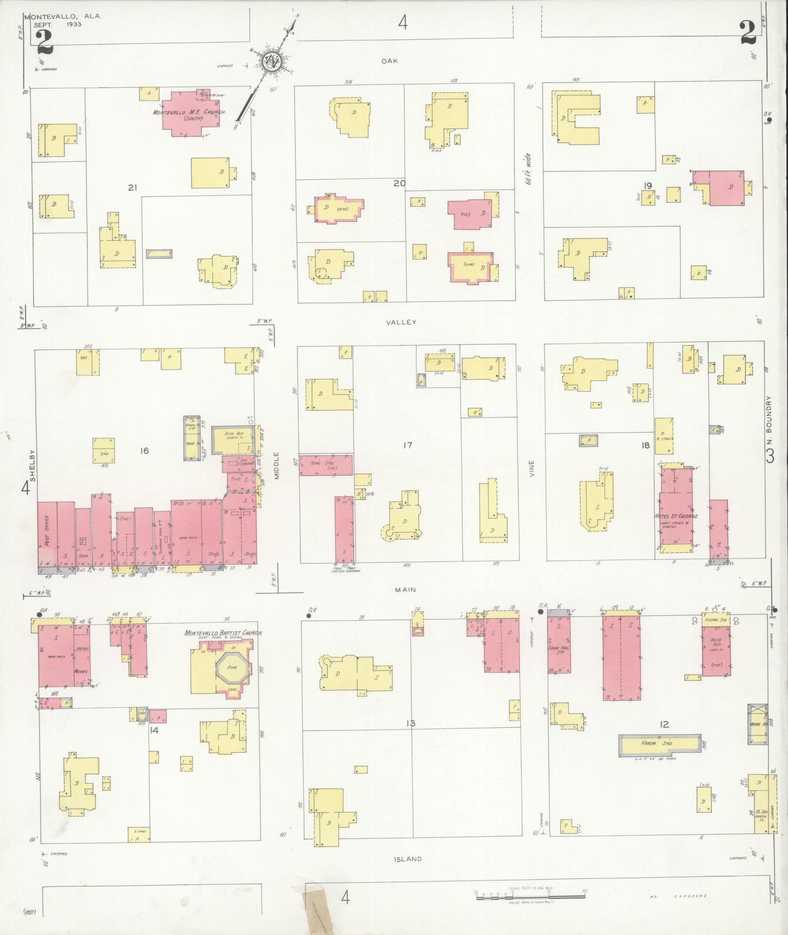 Sanborn Fire Insurance Map from Montevallo, Shelby County, Alabama (1933), Sheet #0002 - Complete Map Set gallery image, historic Sanborn map, vintage wall art, Alabama Alabama