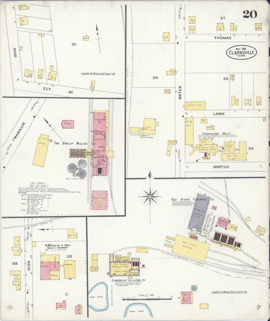 Sanborn Fire Insurance Map from Clarksville, Montgomery County, Tennessee (1908), Sheet #0020 - Historic Sanborn Fire Insurance Map Print, vintage old map wall art, antique decor, genealogy gift, Tennessee Tennessee map