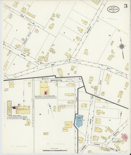 Worcester, Maryland - 1911 - Sanborn Fire Insurance Map, Sheet #0003 - Historic Sanborn Fire Insurance Map Print, Worcester Maryland 1911 0003 vintage old map wall art