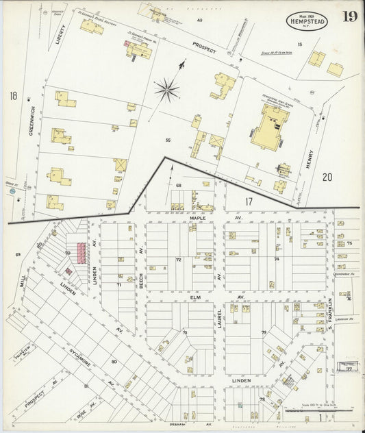Sanborn Fire Insurance Map from Hempstead, Nassau County, New York (1909), Sheet #0019 - Historic Sanborn Fire Insurance Map Print, vintage old map wall art, antique decor, genealogy gift, New York New York map