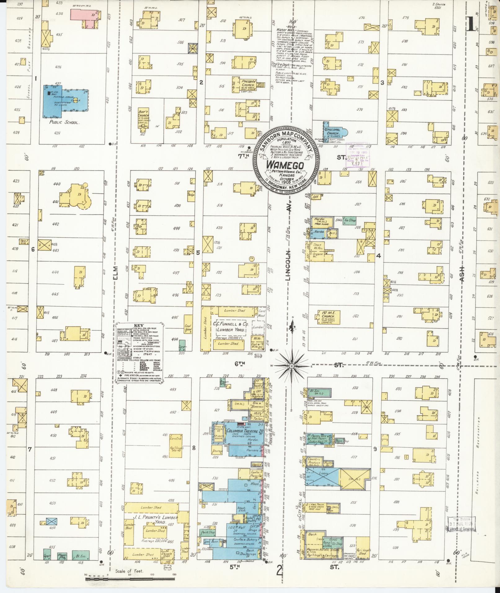 Sanborn Fire Insurance Map from Wamego, Pottawatomie County, Kansas (1905), Sheet #0001 - Complete Map Set gallery image, historic Sanborn map, vintage wall art, Kansas Kansas