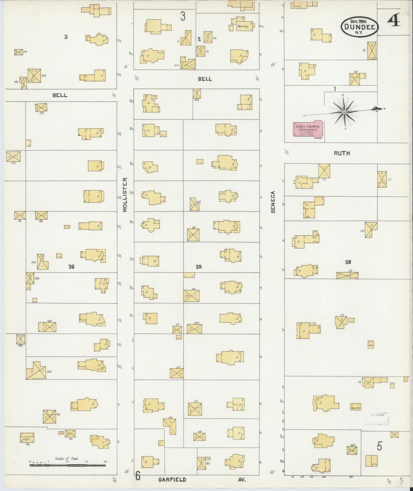 Sanborn Fire Insurance Map from Dundee, Yates County, New York (1904), Sheet #0004 - Historic Sanborn Fire Insurance Map Print, vintage old map wall art, antique decor, genealogy gift, New York New York map