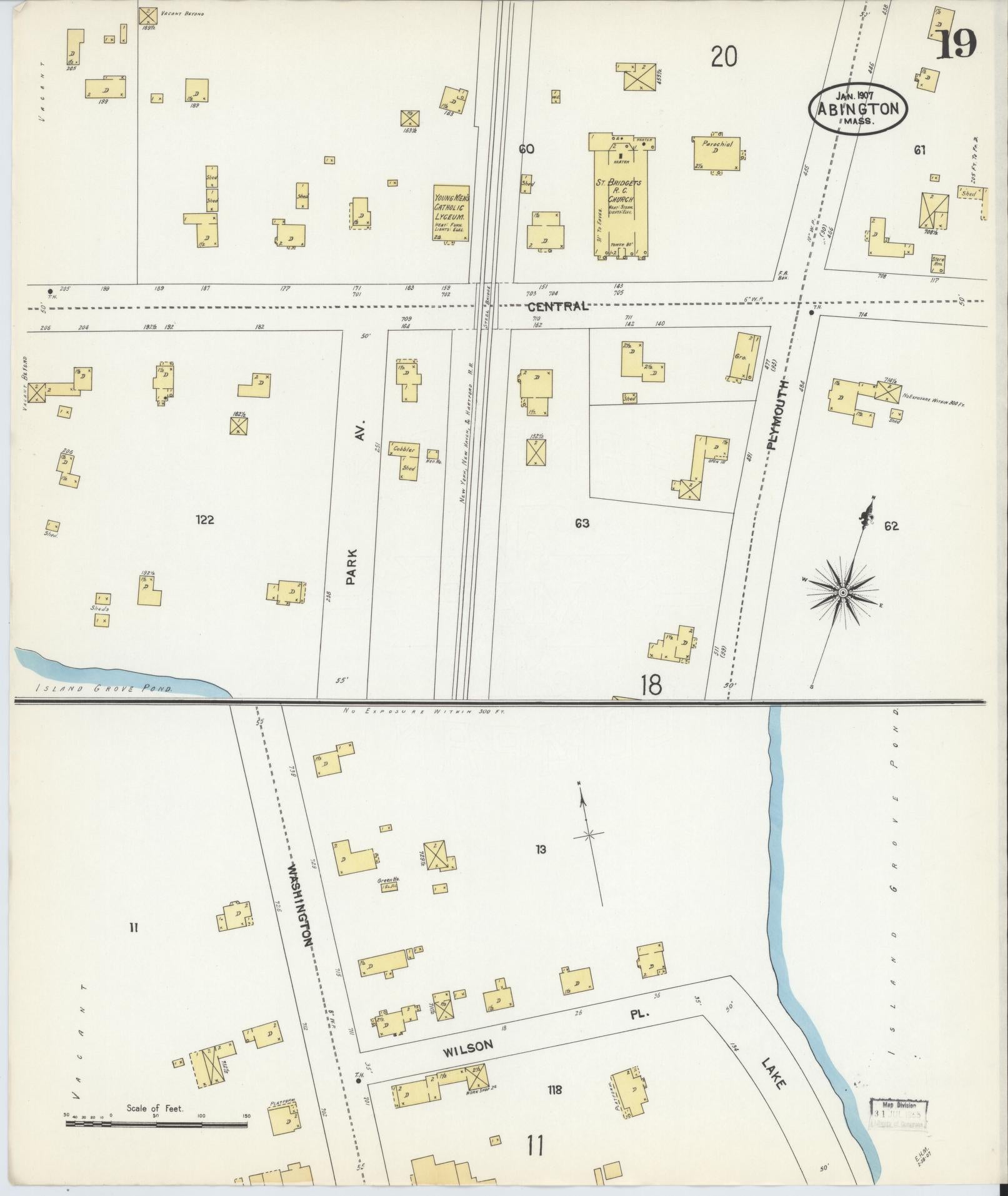 Sanborn Fire Insurance Map from Abington, Plymouth County, Massachusetts (1907), Sheet #0019 - Complete Map Set gallery image, historic Sanborn map, vintage wall art, Massachusetts Massachusetts
