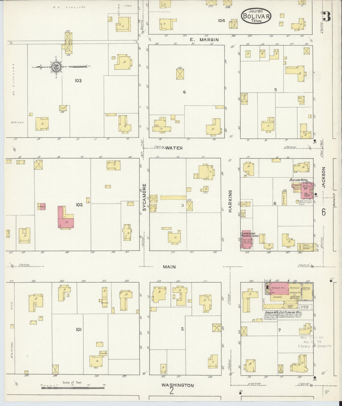 Sanborn Fire Insurance Map from Bolivar, Hardeman County, Tennessee (1913), Sheet #0003 - Complete Map Set gallery image, historic Sanborn map, vintage wall art, Tennessee Tennessee