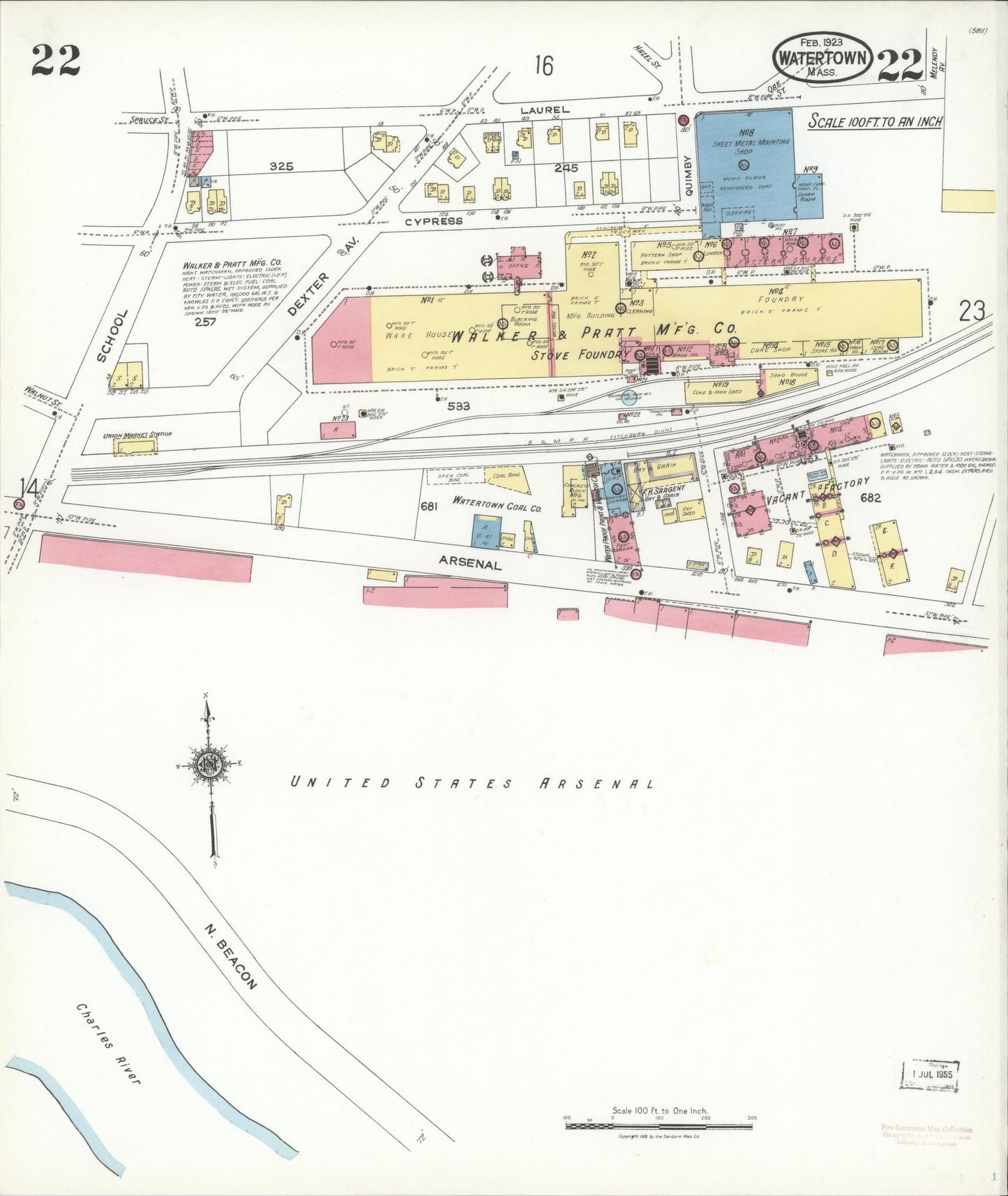 Sanborn Fire Insurance Map from Watertown, Middlesex County, Massachusetts (1923), Sheet #0022 - Complete Map Set gallery image, historic Sanborn map, vintage wall art, Massachusetts Massachusetts