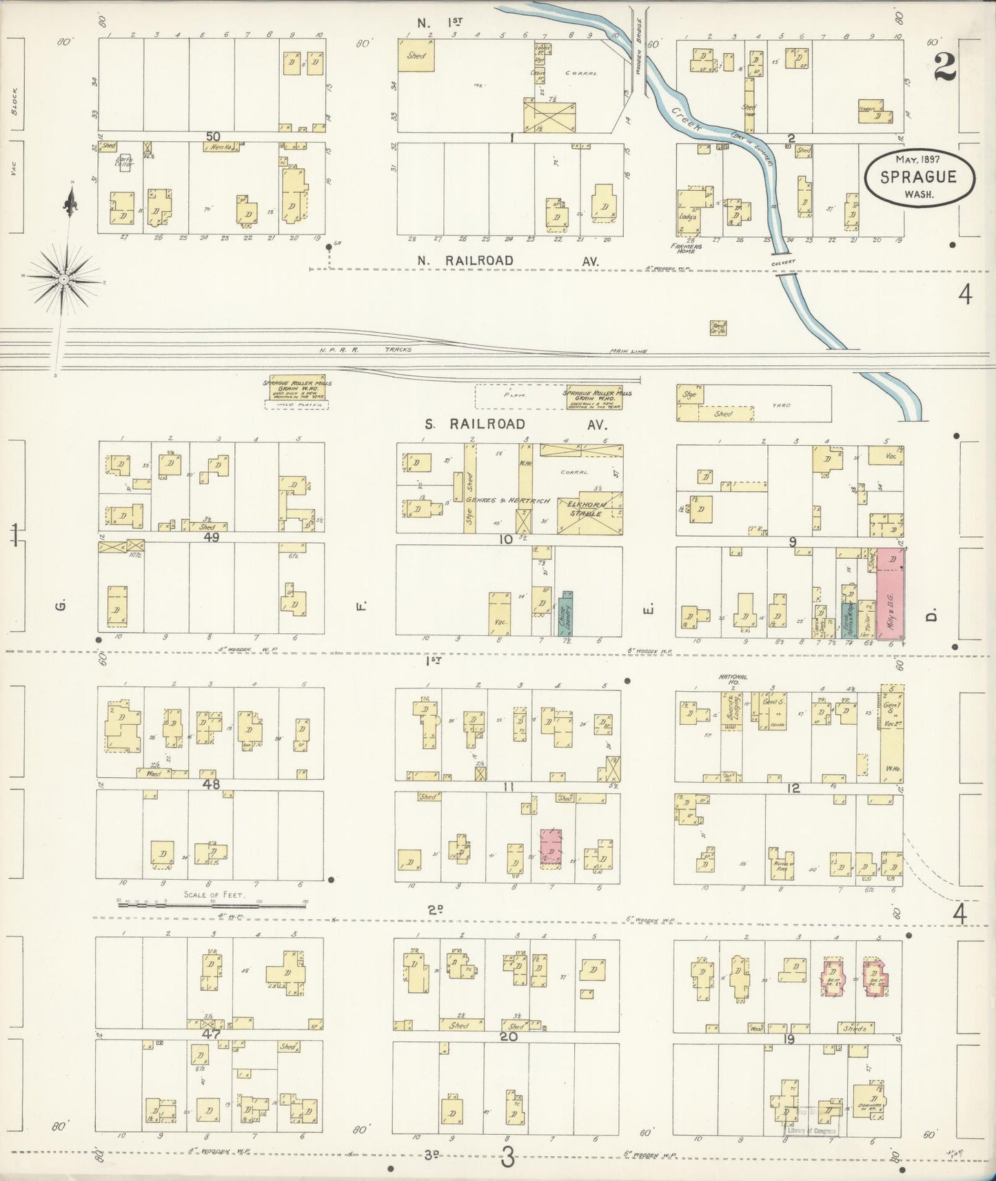 Sanborn Fire Insurance Map from Sprague, Lincoln County, Washington (1897), Sheet #0002 - Complete Map Set gallery image, historic Sanborn map, vintage wall art, Washington Washington