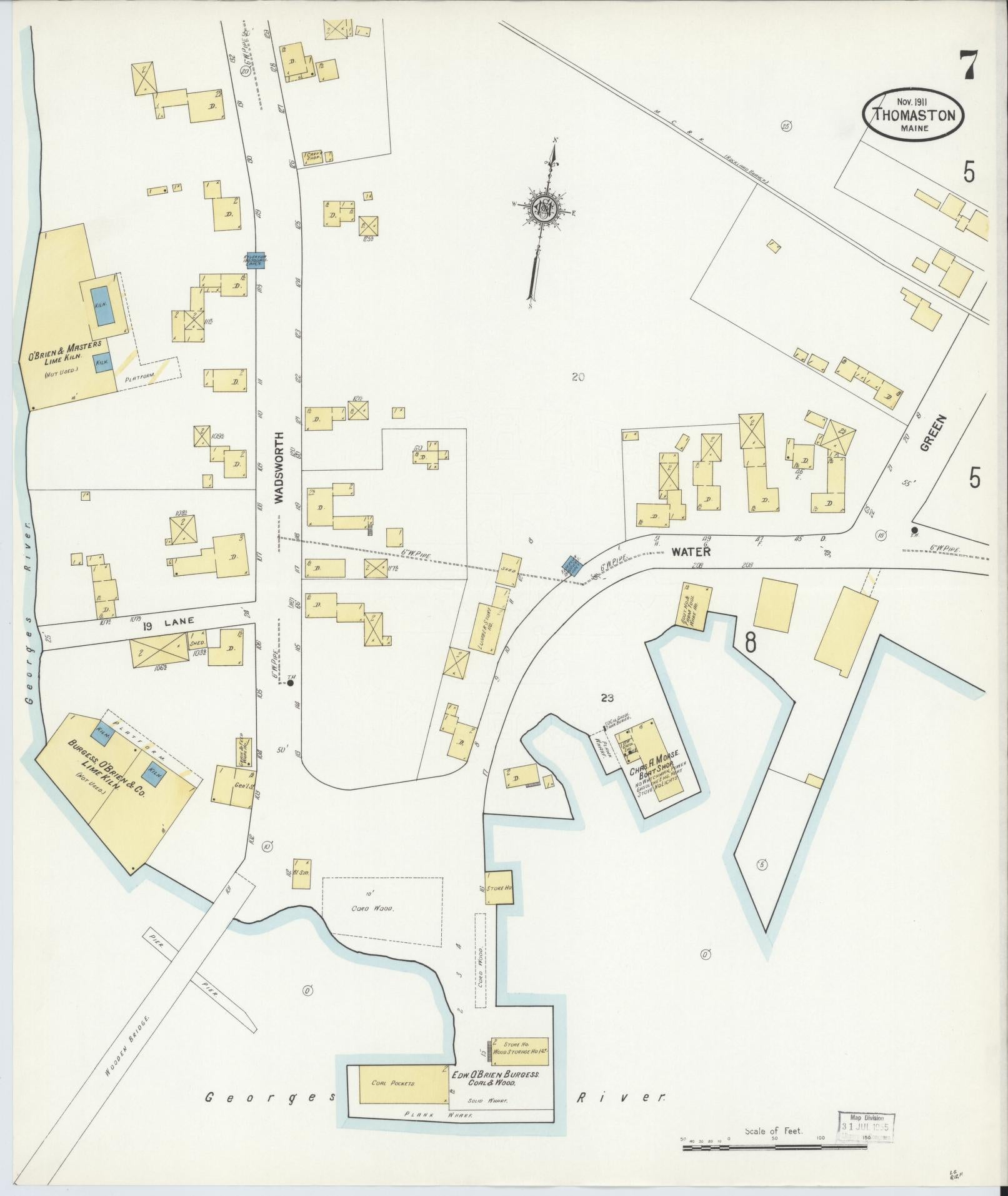 Sanborn Fire Insurance Map from Thomaston, Knox County, Maine (1911), Sheet #0007 - Historic Sanborn Fire Insurance Map Print, vintage old map wall art, antique decor, genealogy gift, Maine Maine map