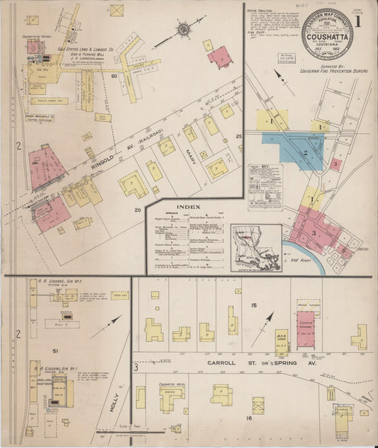 Sanborn Fire Insurance Map from Coushatta, Red River Parish, Louisiana (1922), Sheet #0001 - Historic Sanborn Fire Insurance Map Print, vintage old map wall art, antique decor, genealogy gift, Louisiana Louisiana map