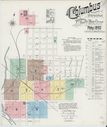 Sanborn Fire Insurance Map from Columbus, Bartholomew County, Indiana (1890), Sheet #0001 - Historic Sanborn Fire Insurance Map Print, vintage old map wall art, antique decor, genealogy gift, Indiana Indiana map