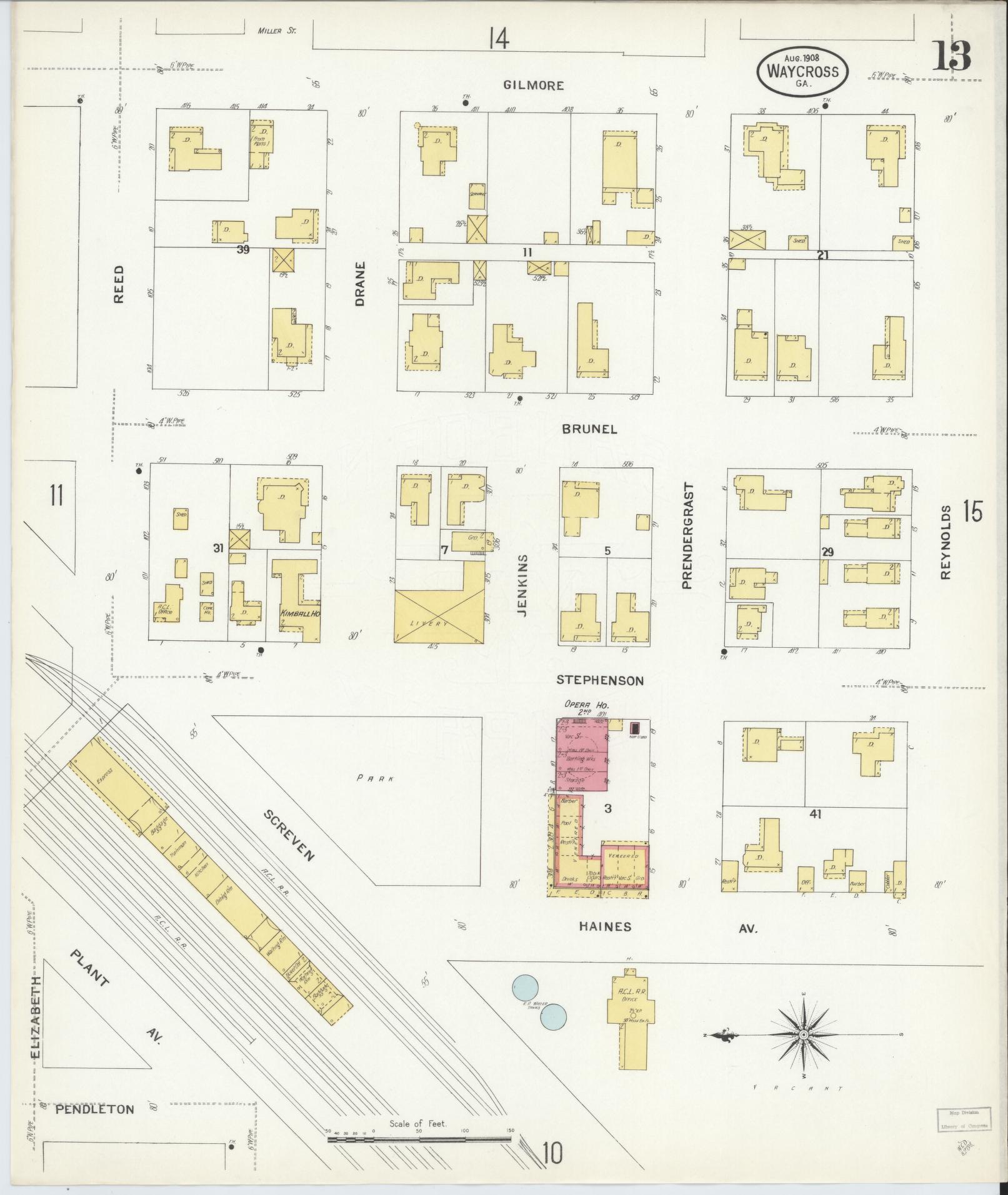 Sanborn Fire Insurance Map from Waycross, Ware County, Georgia (1908), Sheet #0013 - Complete Map Set gallery image, historic Sanborn map, vintage wall art, Georgia Georgia