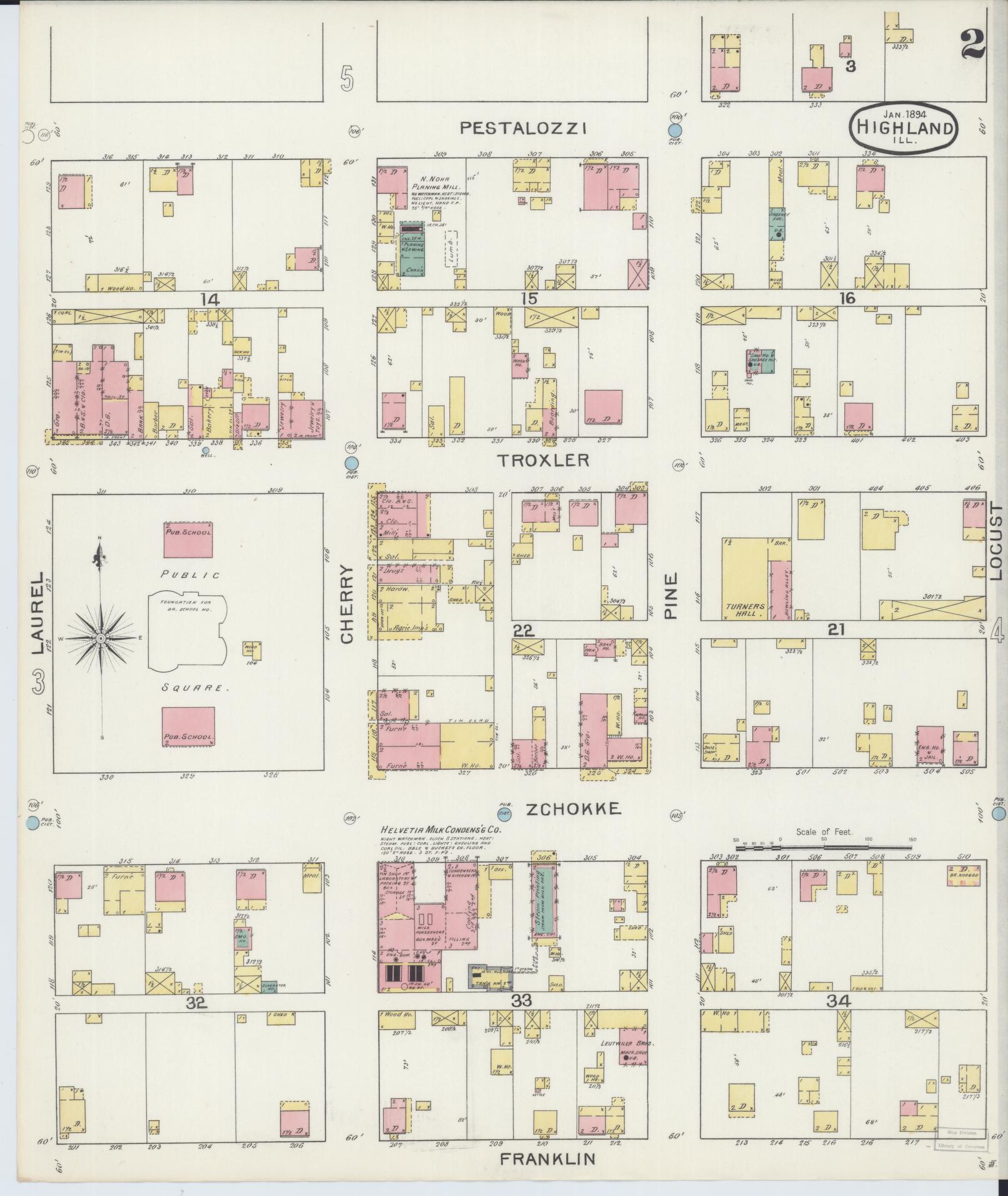 Sanborn Fire Insurance Map from Highland, Madison County, Illinois (1894), Sheet #0002 - Historic Sanborn Fire Insurance Map Print, vintage old map wall art, antique decor, genealogy gift, Illinois Illinois map