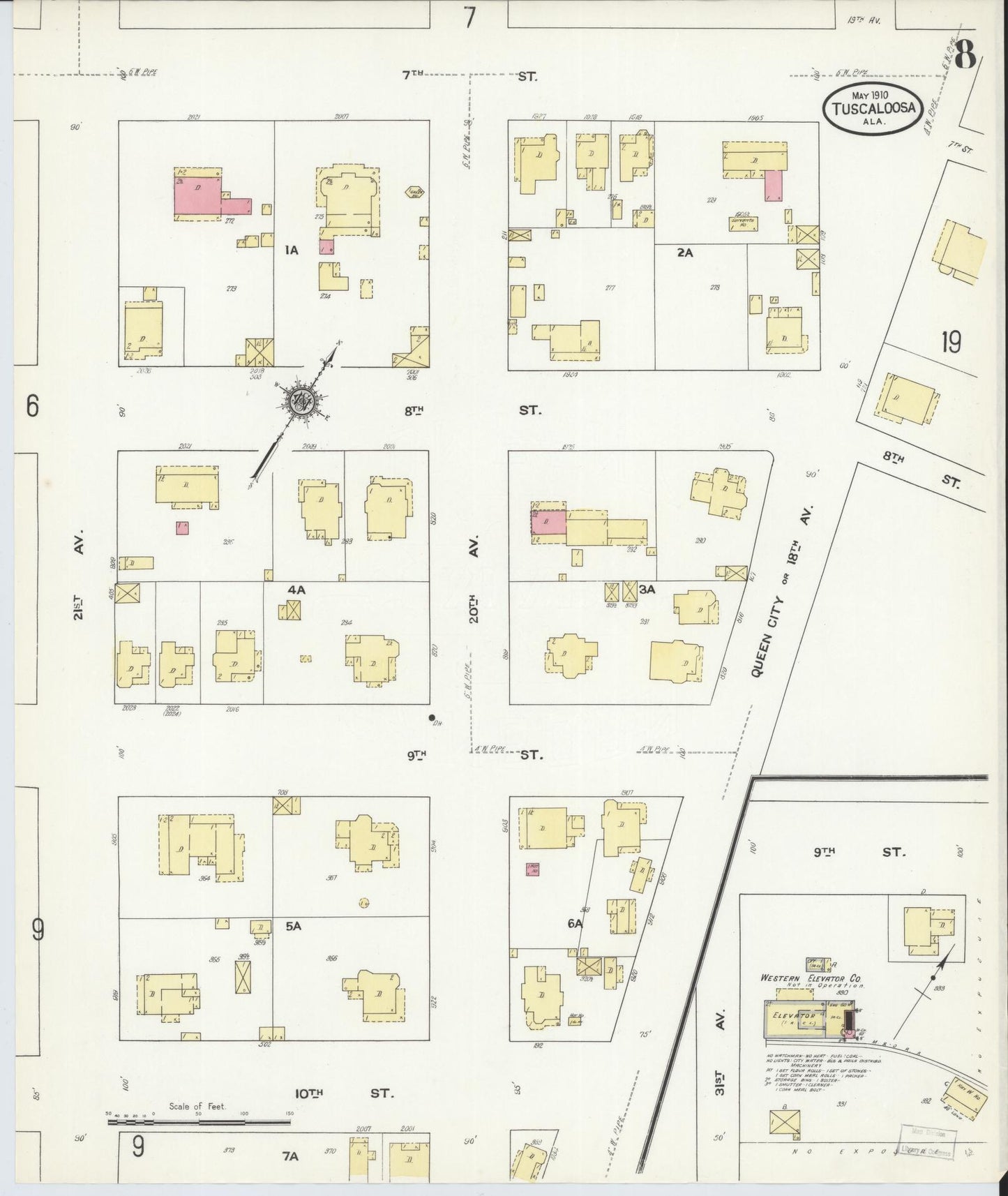 Sanborn Fire Insurance Map from Tuscaloosa, Tuscaloosa County, Alabama (1910), Sheet #0008 - Complete Map Set gallery image, historic Sanborn map, vintage wall art, Alabama Alabama